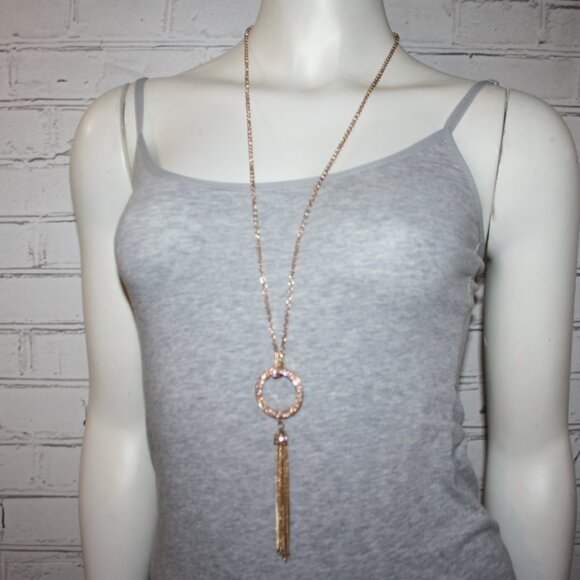 Beautiful gold chain necklace with cognac rhinestones and tassel 32-34" - Picture 2 of 4
